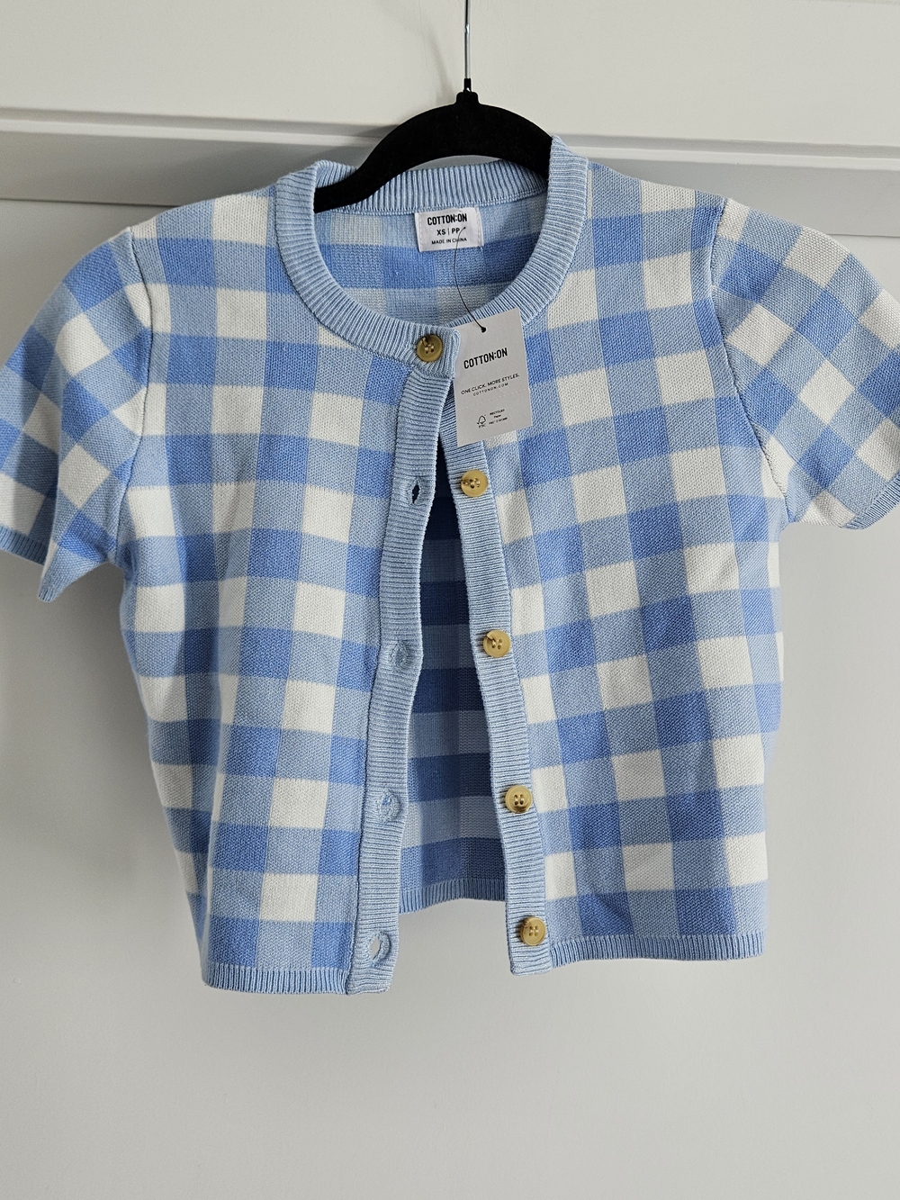 Cotton On Blue & White Gingham Short Sleeve Cardigan Sz XS